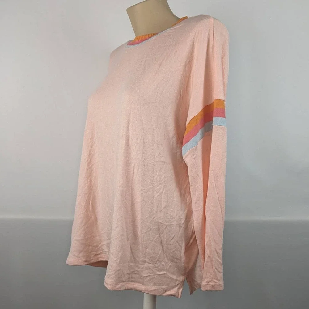 Style & Co Sweater Colorful Striped Trim Top Frosted Rose 0X‎ Stylish Crewneck